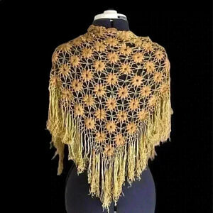 Vtg Wool nylon flower handcrochet mustard yellow shawl scarf